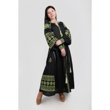 Boho Style Ukrainian Embroidered Maxi Broad Dress Black with Neon Green Embroidery